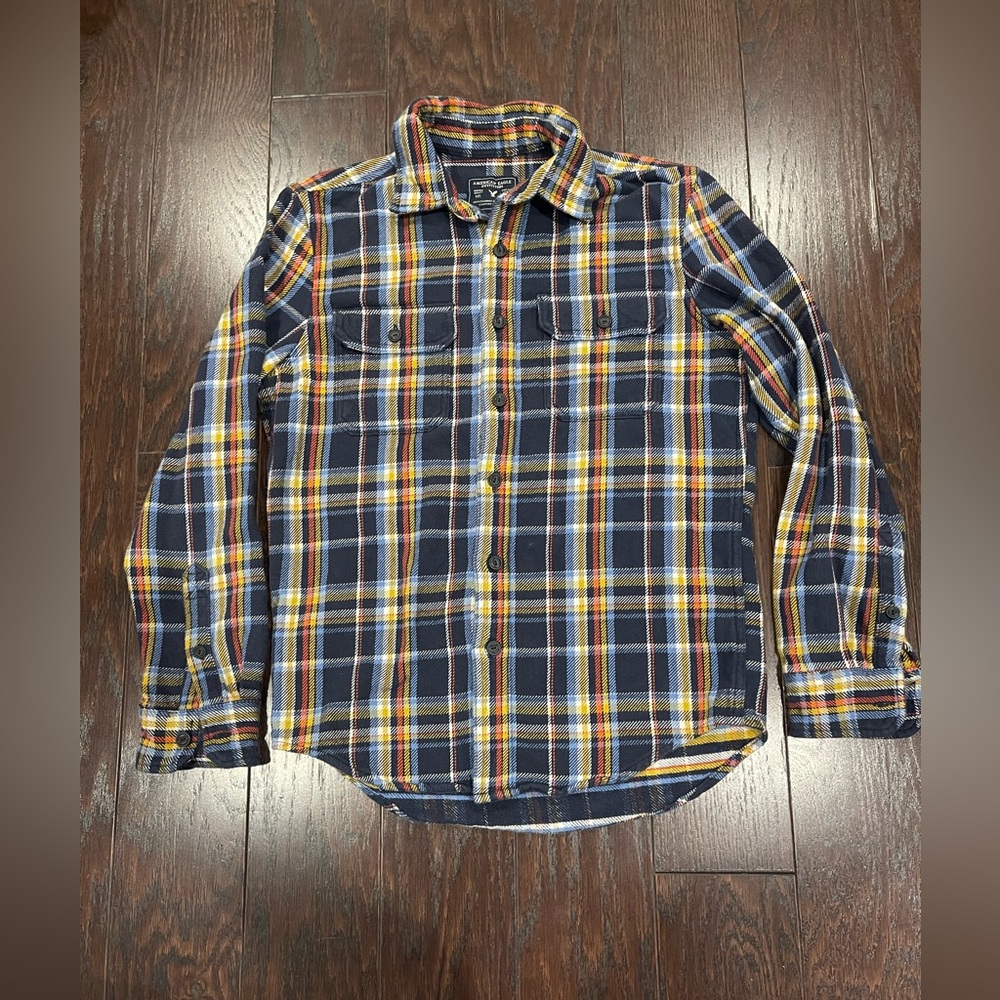 American Eagle Blue Yellow Red Plaid Flannel Shirt Men Size Small Heavy